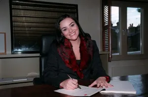 Martine McCutcheon Actress September 98 Eastenders actress sitting at desk Martine McCutcheon Actress September 98 Eastenders actress sitting at desk