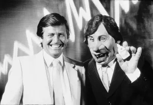 Melvyn Bragg Arts programme presenter meets Melvyn Bragg Spitting Image puppet who is Melvyn Bragg Arts programme presenter meets Melvyn Bragg Spitting Image puppet who is