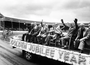 Men on a float at Belle Vue Speedway, Golden Jubilee Year Men on a float at Belle Vue Speedway, Golden Jubilee Year