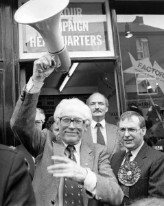 Michael Foot with John Haynes speaks to supporters. Labour Party leader Michael Foot with John Haynes speaks to supporters. Labour Party leader