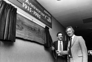 Michael Spicer, Aviation Minister (right), unveils plaque to commemorate the 50th Michael Spicer, Aviation Minister (right), unveils plaque to commemorate the 50th