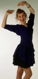 Michelle Watt modelling purple dress November 1989 Michelle Watt modelling purple dress November 1989
