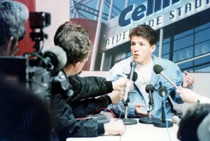 Middlesbrough player Juninho talks to the press after signing for the club for a second Middlesbrough player Juninho talks to the press after signing for the club for a second