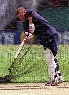 Mike Atherton August 1998 England Cricket Player in the nets practising batting at Mike Atherton August 1998 England Cricket Player in the nets practising batting at