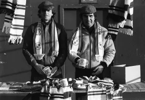 Mike Channon of Bristol Rovers and manager Bobby Gould selling Rovers merchandise at Mike Channon of Bristol Rovers and manager Bobby Gould selling Rovers merchandise at