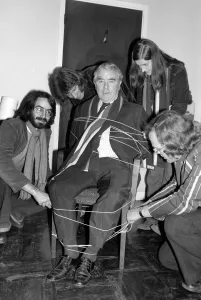 Miners leader Joe Gormley with students. March 1975 75-01237-003 Miners leader Joe Gormley with students. March 1975 75-01237-003