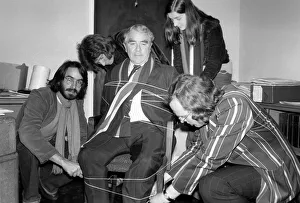 Miners leader Joe Gormley with students. March 1975 75-01237-004 Miners leader Joe Gormley with students. March 1975 75-01237-004