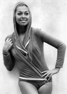 60s Fashion Trends Prints: Actress Joan Crane was modelling a four-piece zip up swimsuit an stretch fabric by