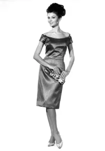 60s Fashion Trends Prints: Reveille Fashions 1964: Meriel Weston silk evening dress. January 1964 P007611