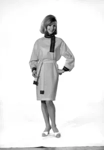 60s Fashion Trends Prints: Model Jill Carter wearing Cossack dress Circa 1966