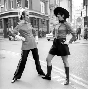 60s Fashion Trends Prints: Models from the Rhona Roy fashion show at the Talk of the Town seen here outside