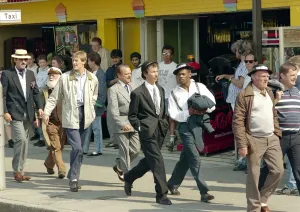 Prints of Only Fools and Horses cast members walk along the seafront at Margate beach during the filming of the 1989 Christmas Special Jolly Boys Outing'. 18th May 1989 Mirror Prints: Only Fools and Horses Cast at Margate Beach Print 1989