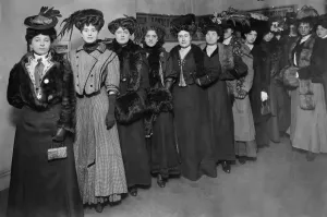 London Fashion Week History Prints: 1908 Fashion Show Londons at Earls Court. Models waiting to parade the latest