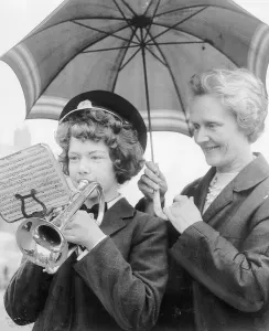 Christine Blythe Practises Under an Umbrella, Print 1964