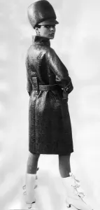 60s Fashion Trends Prints: Leather Rainwear September 1965 Model wearing black Leather coat and hat