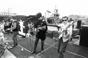 Prints of Echo and the Bunnymen rock group playing on London rooftops. 6th July 1987 Mirror Prints: Echo and the Bunnymen Rooftop Print, London 1987