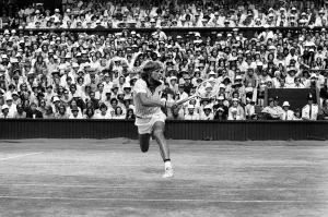 Prints of 1976 Wimbledon Championships, Mens Singles Final. Bjorn Borg against Ilie Nastase. Pictured, Bjorn Borg in action. 3rd July 1976 Mirror Prints: 1976 Wimbledon Championships Mens Singles Final Print