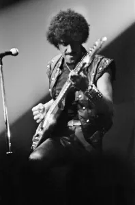 Prints of Thin Lizzy, Rock Group, perform at The Apollo, Coventry, Warwickshire in December 1981. The line of the group was Phil Lynott on bass guitar and vocals. Snowy White on Guitar Mirror Prints: Thin Lizzy at The Apollo, Coventry Print - 8th December 1981