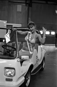 Model Joanne Latham sitting in an electric car. 13th March 1978 Model Joanne Latham sitting in an electric car. 13th March 1978