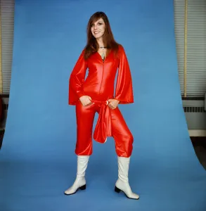 A model wearing a scarlet catsuit in gleaming cire by House of Ailish, £9 A model wearing a scarlet catsuit in gleaming cire by House of Ailish, £9