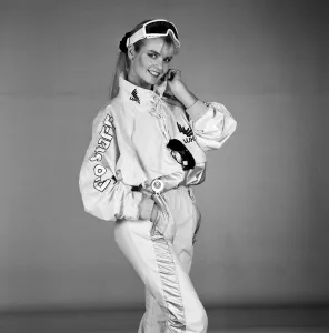 Model wearing ski suit fashions. 16th December 1987 Model wearing ski suit fashions. 16th December 1987