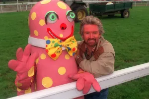 Mr Blobby left with Noel Edmonds tv presenter Mr Blobby left with Noel Edmonds tv presenter