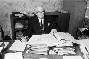 Mr Eric Jackson, deputy town clerk of Irlam UDC, amongst the files of his campaign Mr Eric Jackson, deputy town clerk of Irlam UDC, amongst the files of his campaign
