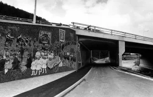Part of the mural on the wall of one of the bridges for the new Risca by-pass road Part of the mural on the wall of one of the bridges for the new Risca by-pass road