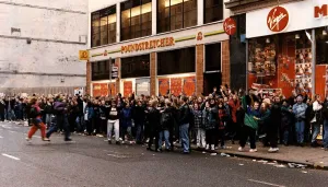 Take That music fans Queue outside Virgin Megastore for tickets to their only Scottish Take That music fans Queue outside Virgin Megastore for tickets to their only Scottish