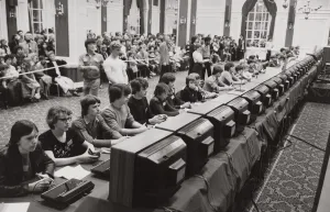 National Space Invaders Championships 1981 A row of young enthusiasts playing to National Space Invaders Championships 1981 A row of young enthusiasts playing to
