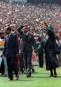 Nelson Mandela leader of ANC released from prison 1990 salute the crowd with his Nelson Mandela leader of ANC released from prison 1990 salute the crowd with his