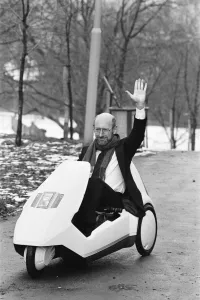 The New Electric Vehicle Sir Clive Sinclair in his new electric vehicle The New Electric Vehicle Sir Clive Sinclair in his new electric vehicle