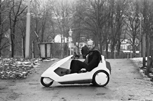Images Dated 10th January 1985: The New Electric Vehicle Sir Clive Sinclair in his new electric vehicle