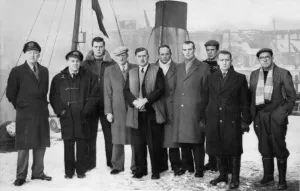 New Seaham lifeboat crew left to right: Captain R. Muir, Captain R. Mallan, Second Cox. M New Seaham lifeboat crew left to right: Captain R. Muir, Captain R. Mallan, Second Cox. M