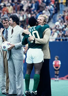 New York Cosmos star Pele hugs his long time friend Bobby Moore after playing his final New York Cosmos star Pele hugs his long time friend Bobby Moore after playing his final