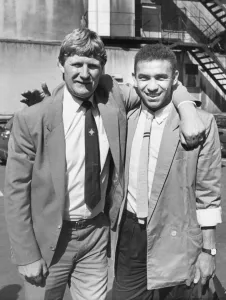 Newcastle United player Mirandinha with Willie McFaul 28 August 1987 Newcastle United player Mirandinha with Willie McFaul 28 August 1987