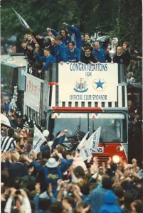 Newcastle United win the First Division - Players on the open top bus with the trophy May Newcastle United win the First Division - Players on the open top bus with the trophy May