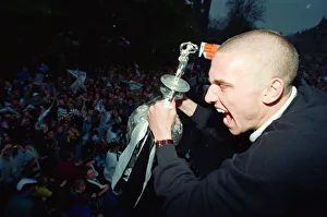 Newcastle United win the League Division 1. Players on the open top bus with the trophy Newcastle United win the League Division 1. Players on the open top bus with the trophy