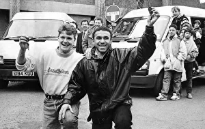 Newcatle United players Paul Gascoigne (Gazza) and Mirandinha present schoolchildren some Newcatle United players Paul Gascoigne (Gazza) and Mirandinha present schoolchildren some