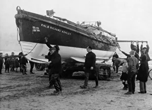 The newly repaired Liverpool Class Newbiggin lifeboat Richard Ashley is hauled on to its The newly repaired Liverpool Class Newbiggin lifeboat Richard Ashley is hauled on to its