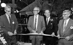 Nicholas Ridley cuts the ribbon to open the MetroCentre watched by (left to right Nicholas Ridley cuts the ribbon to open the MetroCentre watched by (left to right