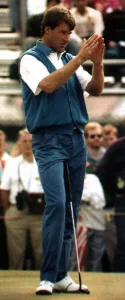 Nick Faldo golf player for England looking as though he is calling for help as he starts Nick Faldo golf player for England looking as though he is calling for help as he starts