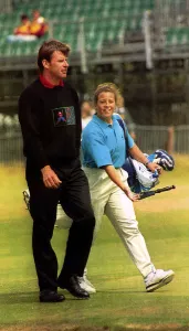 Nick Faldo golfer at the British Open with his caddie Fannie Sunneson Nick Faldo golfer at the British Open with his caddie Fannie Sunneson