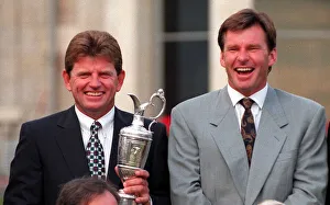 Nick Price holding British Open Golf championship trophy alongside Nick Faldo at St Nick Price holding British Open Golf championship trophy alongside Nick Faldo at St