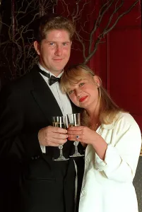 Nicola Duffett Actress with fiance Ian Henderson drinking champagne Nicola Duffett Actress with fiance Ian Henderson drinking champagne