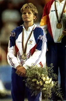 Nicola Fairbrother 1992 Gymnastics of Great Britain is close to tears at the medal Nicola Fairbrother 1992 Gymnastics of Great Britain is close to tears at the medal