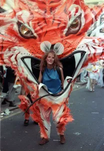 Notting Hill Carnival August 1988 Female dancer dressed up during Notting Hill Carnival August 1988 Female dancer dressed up during