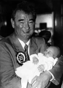 Nottingham Forest manager Brian Clough holding a baby May 1991 Nottingham Forest manager Brian Clough holding a baby May 1991