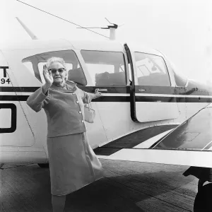 Oldest passenger on Teesside flight. Circa 1973 Oldest passenger on Teesside flight. Circa 1973