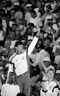 Olympic Games 1984 Los Angeles USA Sebastain Coe celebrates on the podium after Olympic Games 1984 Los Angeles USA Sebastain Coe celebrates on the podium after